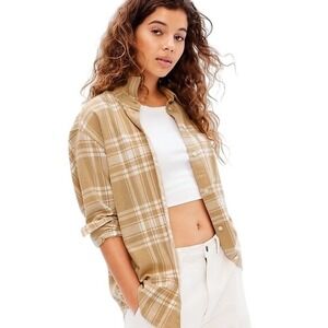 Gap Womens Flannel Plaid Shirt Top‎ Button Up Long Sleeve Tan White Size L